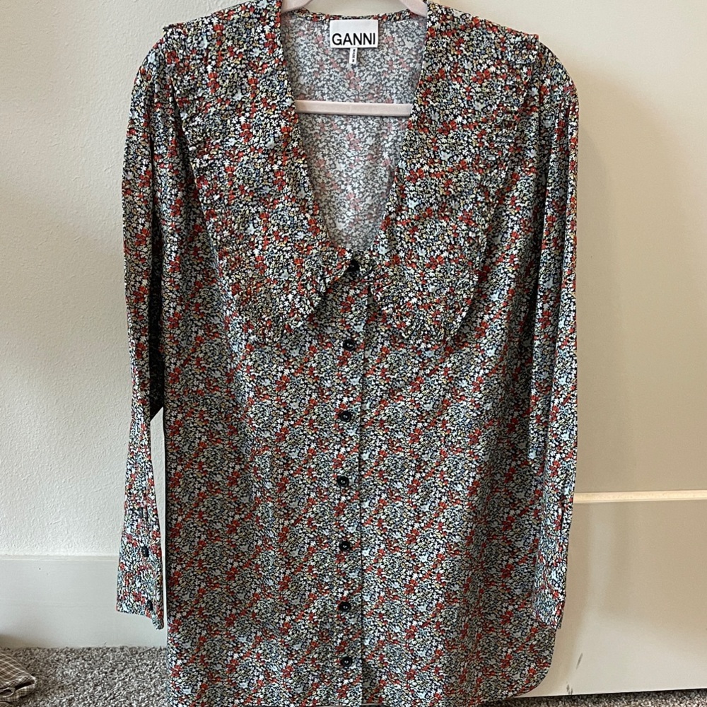 Ganni Floral Button Down Shirt - Black and Red